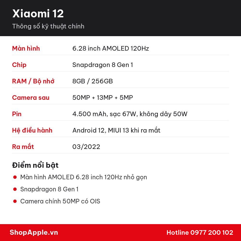 Thông số kỹ thuật Xiaomi 12