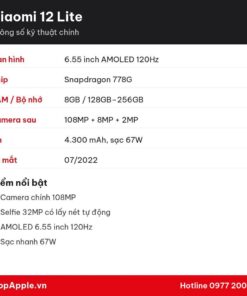 Thông số kỹ thuật Xiaomi 12 Lite