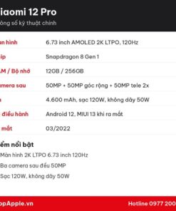 Thông số kỹ thuật Xiaomi 12 Pro