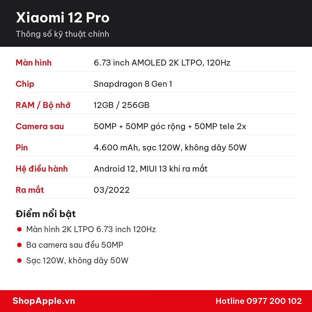 Thông số kỹ thuật Xiaomi 12 Pro