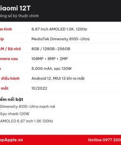 Thông số kỹ thuật Xiaomi 12T