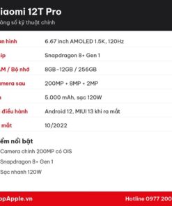 Thông số kỹ thuật Xiaomi 12T Pro