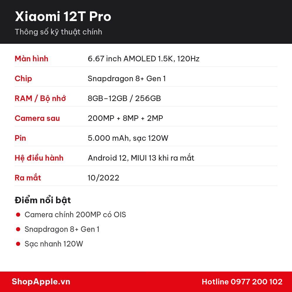 Thông số kỹ thuật Xiaomi 12T Pro