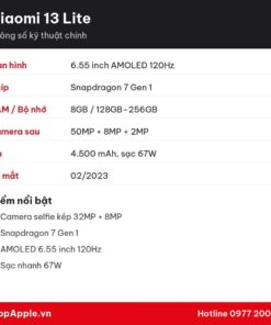 Thông số kỹ thuật Xiaomi 13 Lite