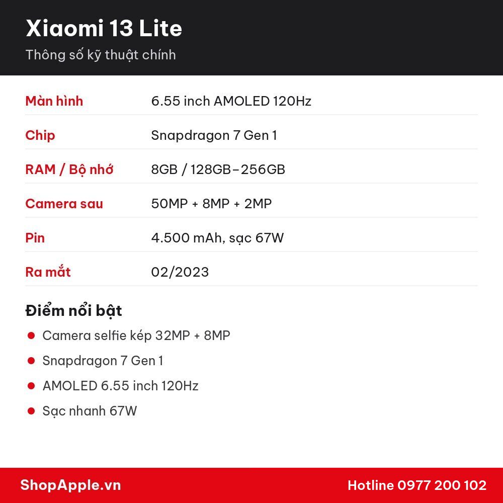 Thông số kỹ thuật Xiaomi 13 Lite