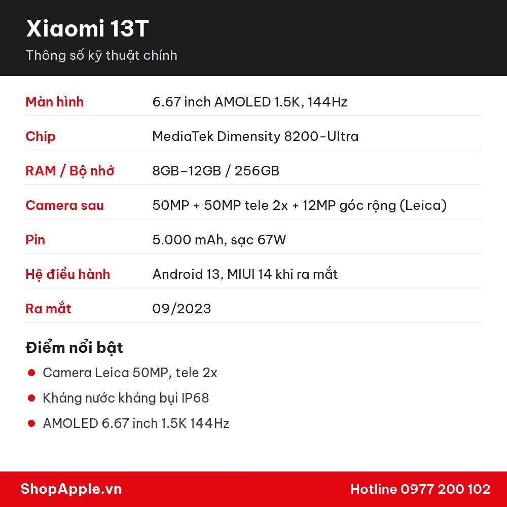 Thông số kỹ thuật Xiaomi 13T