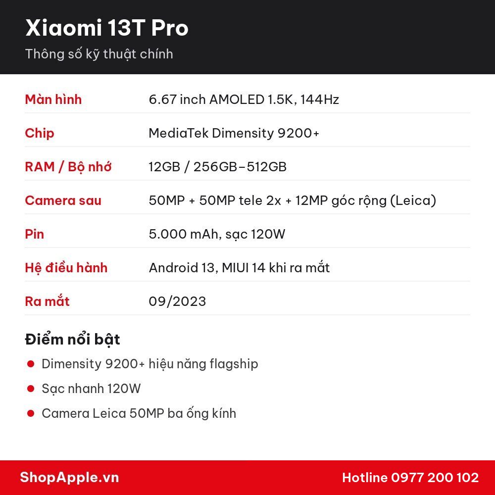 Thông số kỹ thuật Xiaomi 13T Pro