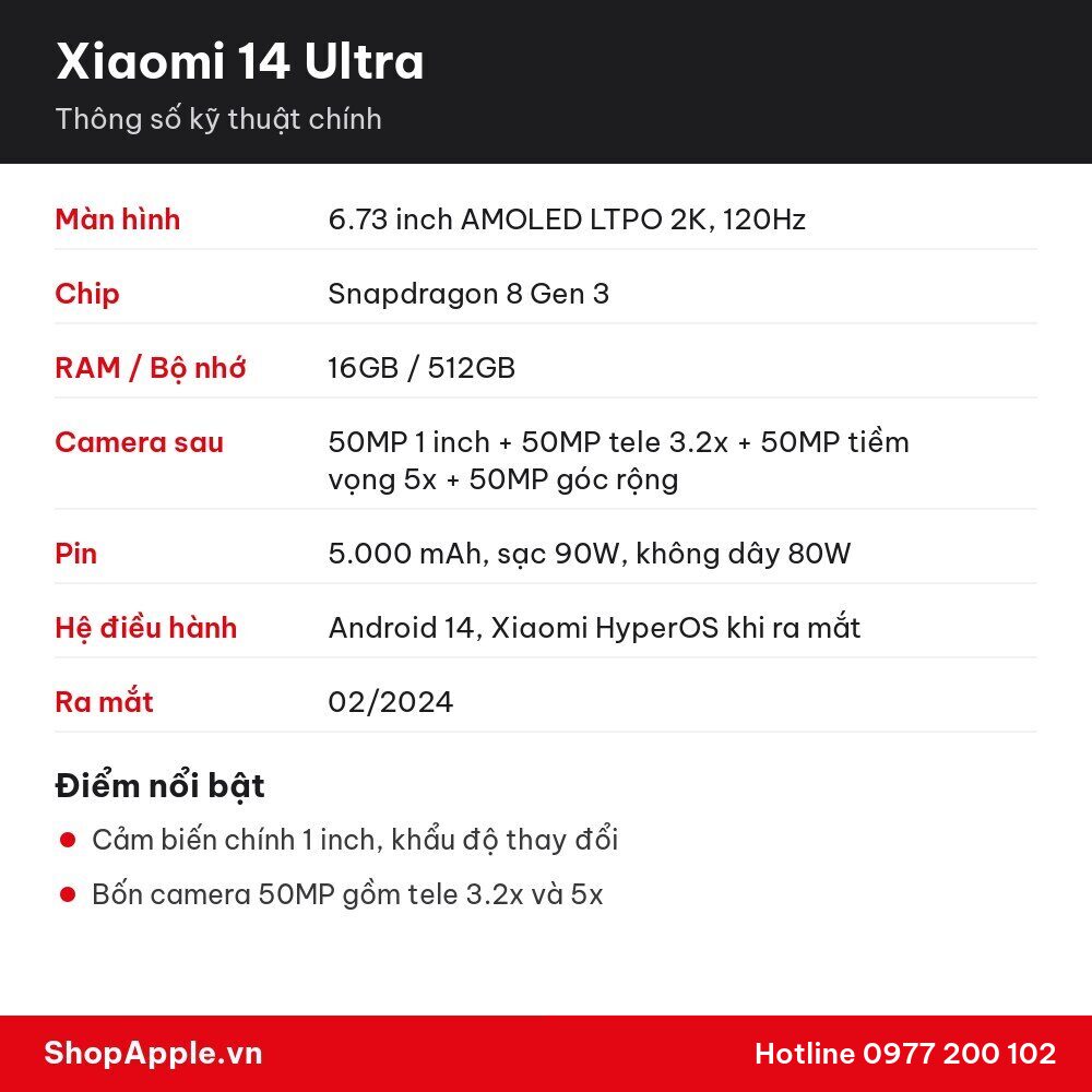 Thông số kỹ thuật Xiaomi 14 Ultra