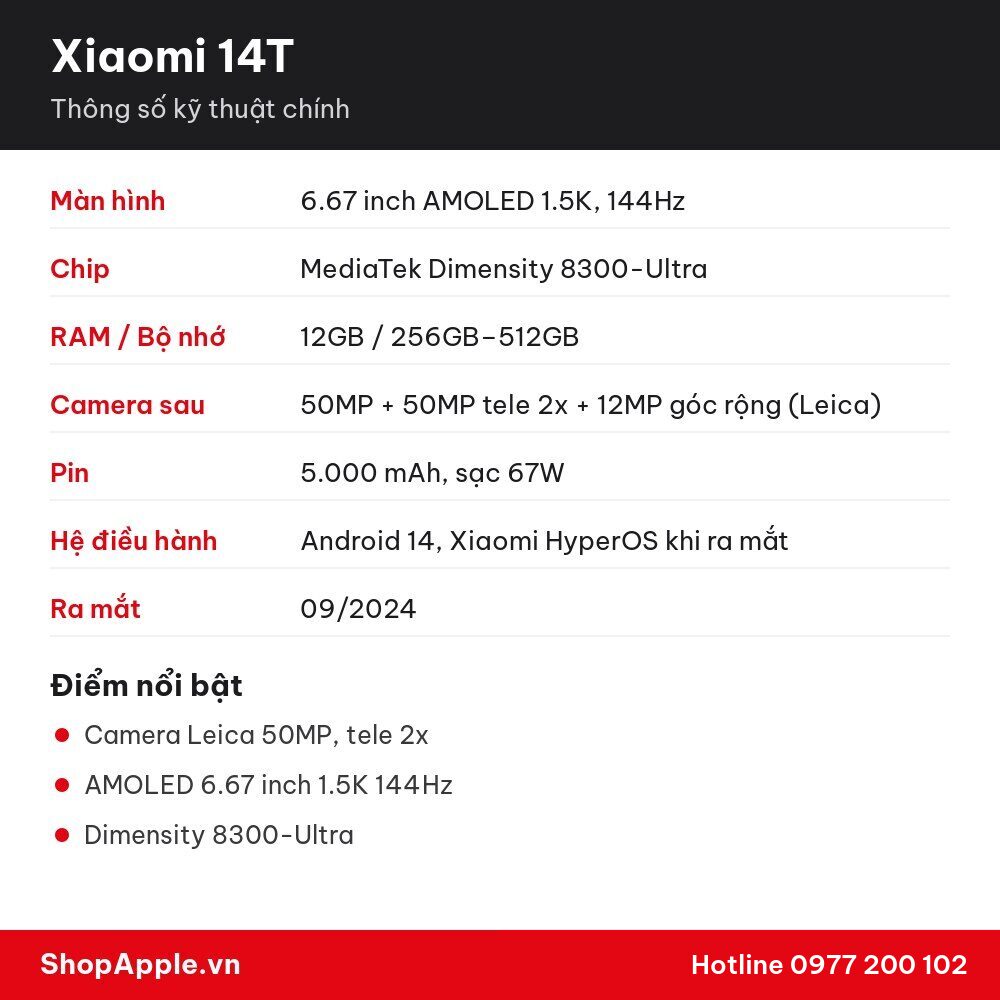 Thông số kỹ thuật Xiaomi 14T