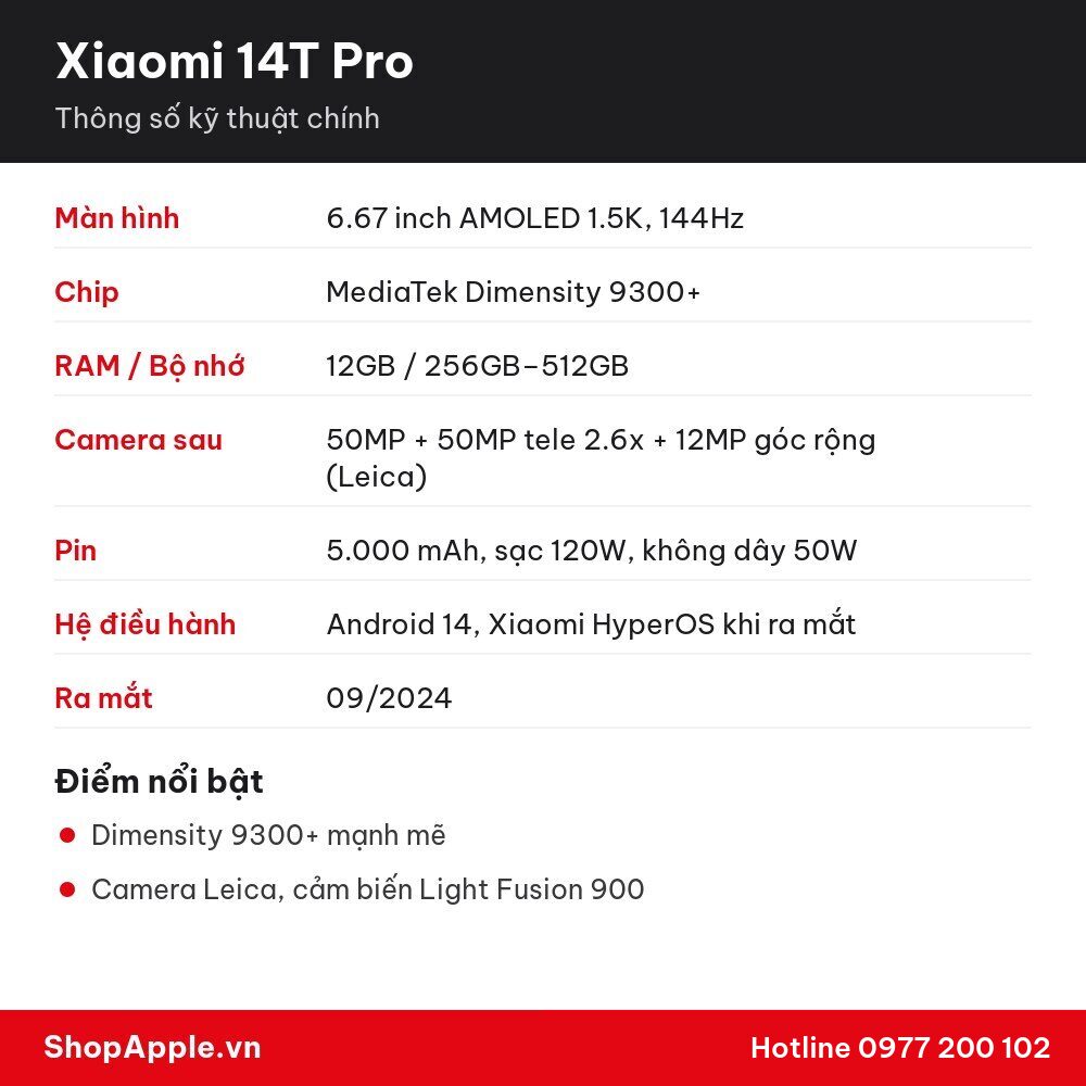 Thông số kỹ thuật Xiaomi 14T Pro