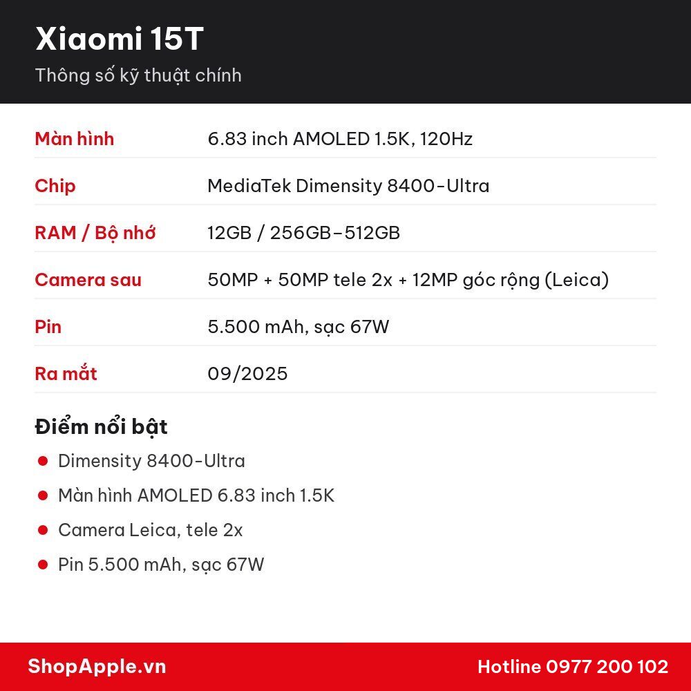 Thông số kỹ thuật Xiaomi 15T