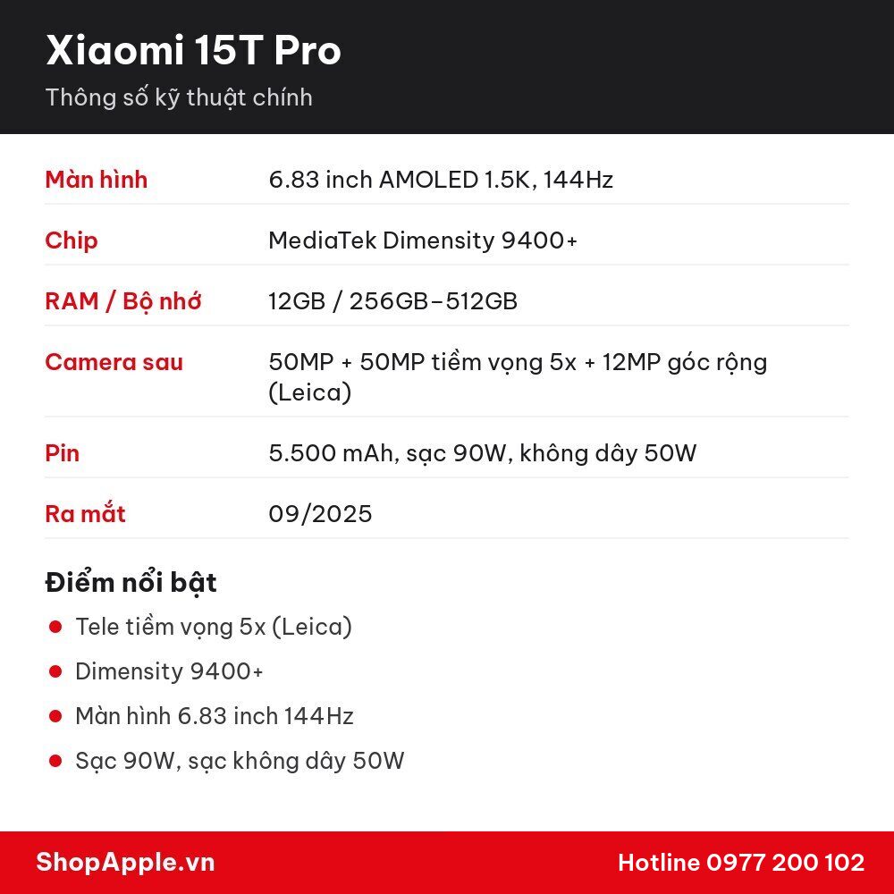Thông số kỹ thuật Xiaomi 15T Pro
