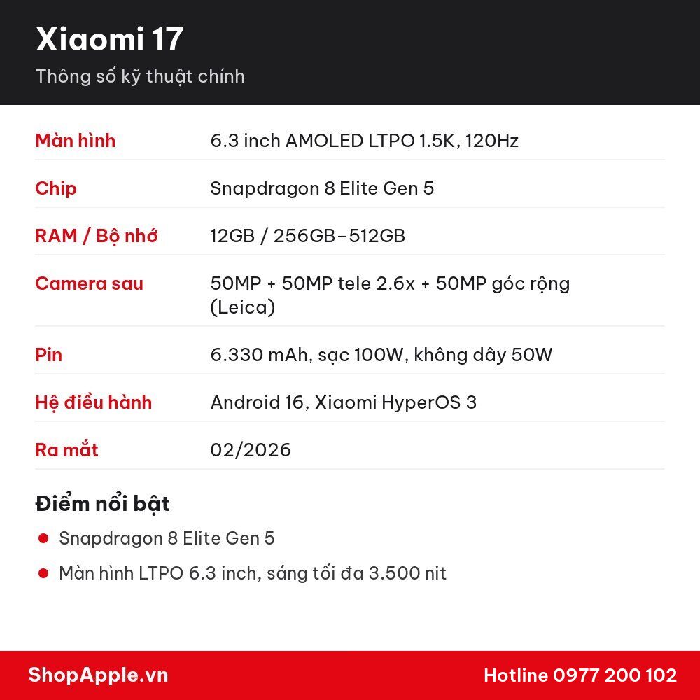 Thông số kỹ thuật Xiaomi 17