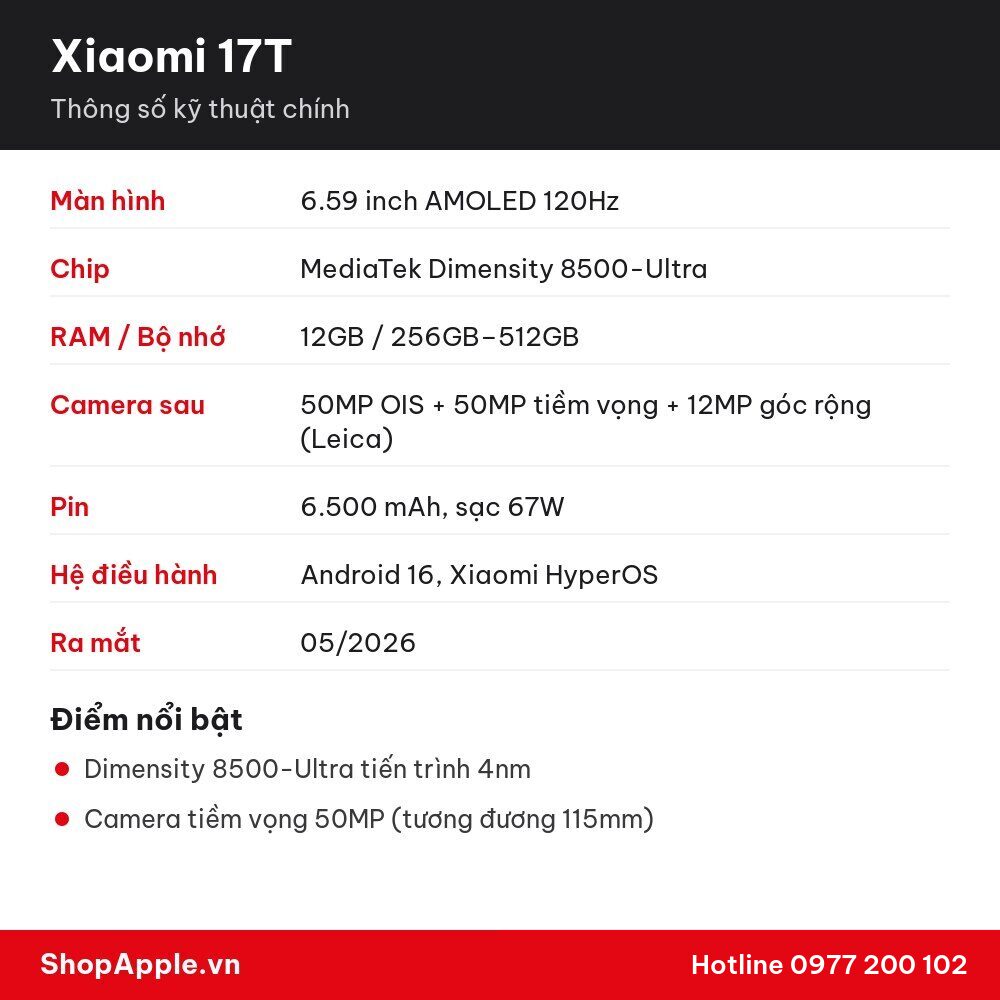 Thông số kỹ thuật Xiaomi 17T