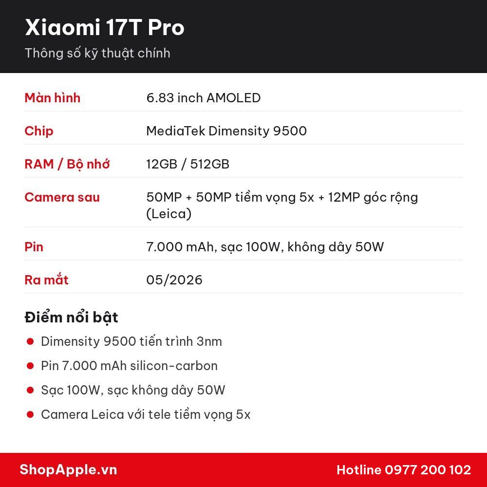 Thông số kỹ thuật Xiaomi 17T Pro