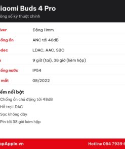 Thông số kỹ thuật Xiaomi Buds 4 Pro