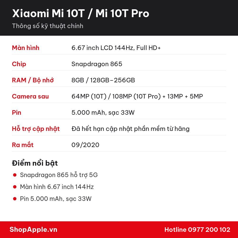 Thông số kỹ thuật Xiaomi Mi 10T / Mi 10T Pro