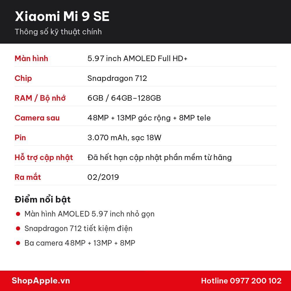 Thông số kỹ thuật Xiaomi Mi 9 SE