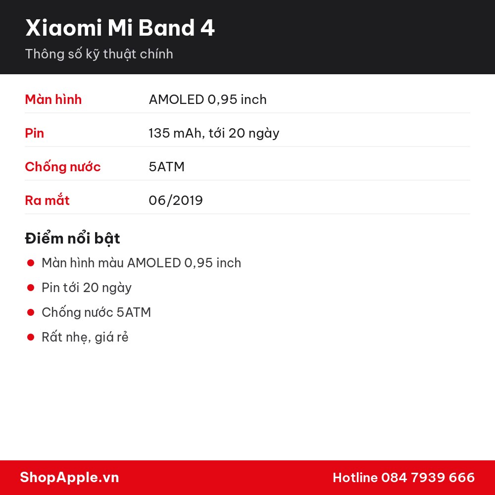 Thông số kỹ thuật Xiaomi Mi Band 4