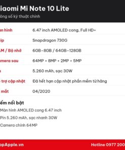Thông số kỹ thuật Xiaomi Mi Note 10 Lite