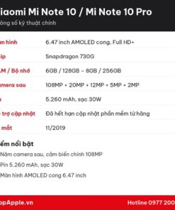Thông số kỹ thuật Xiaomi Mi Note 10 / Mi Note 10 Pro