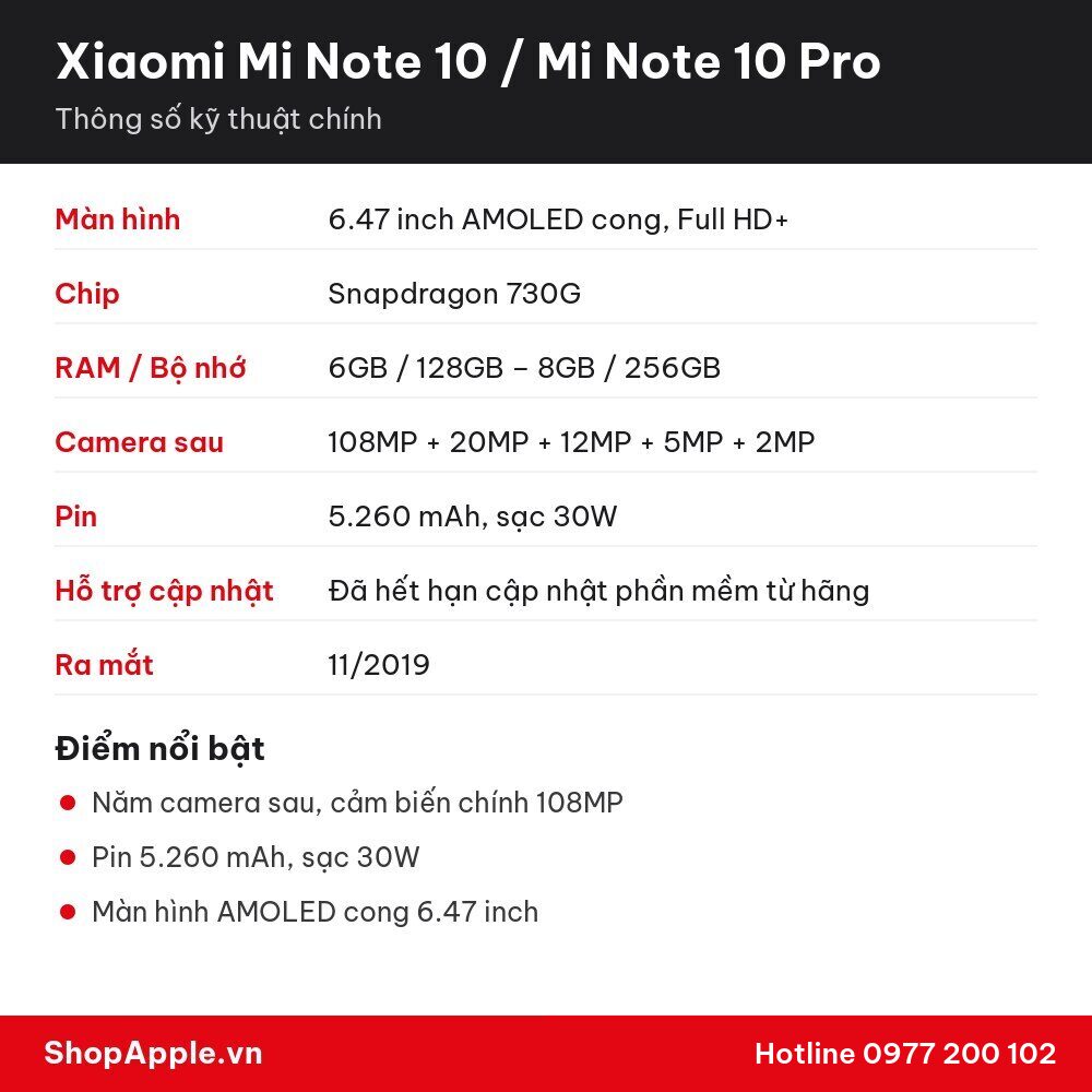 Thông số kỹ thuật Xiaomi Mi Note 10 / Mi Note 10 Pro