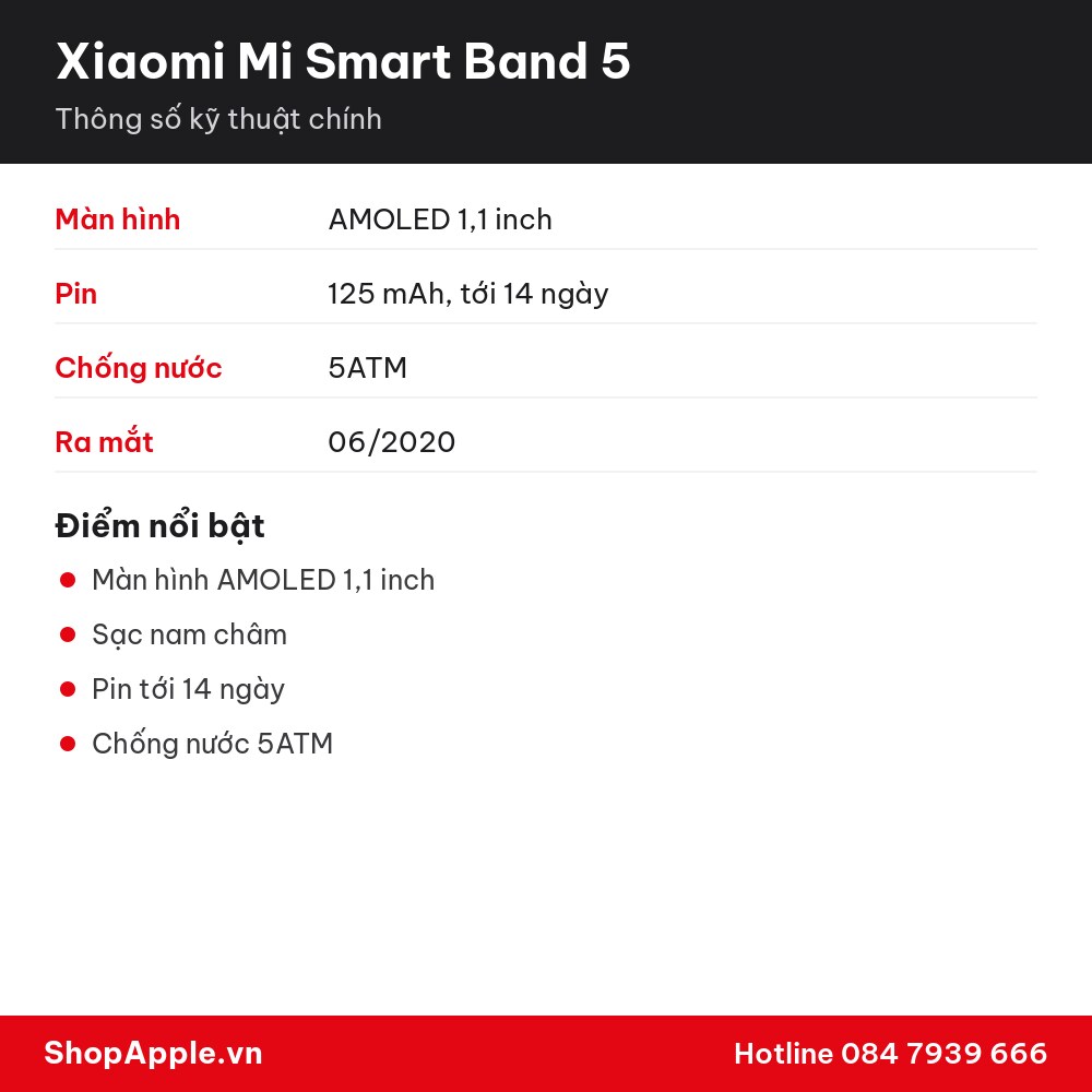Thông số kỹ thuật Xiaomi Mi Smart Band 5