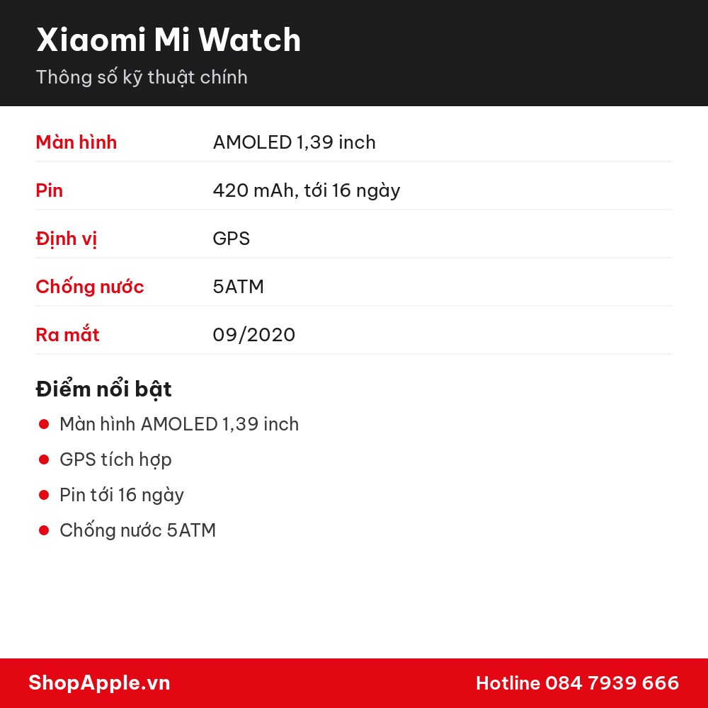 Thông số kỹ thuật Xiaomi Mi Watch