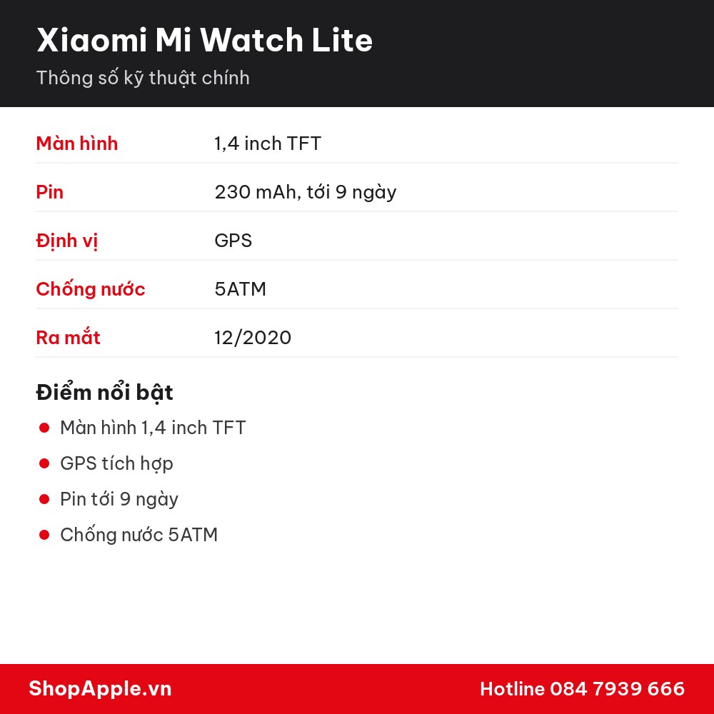 Thông số kỹ thuật Xiaomi Mi Watch Lite