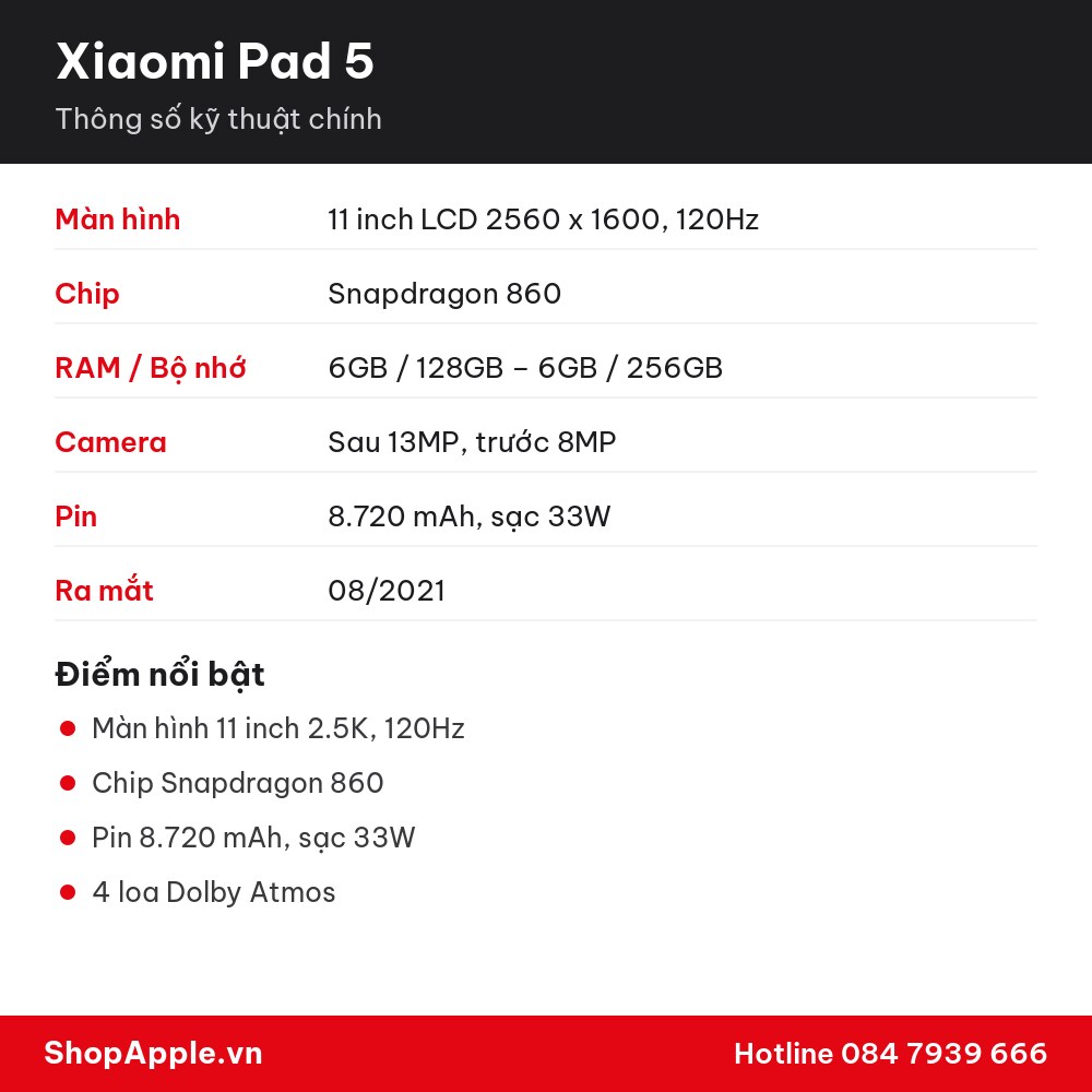 Thông số kỹ thuật Xiaomi Pad 5