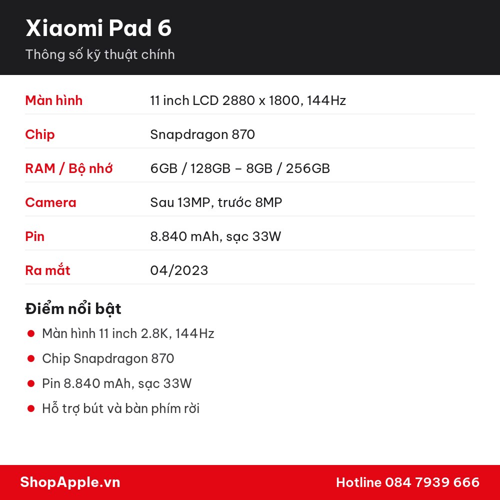 Thông số kỹ thuật Xiaomi Pad 6