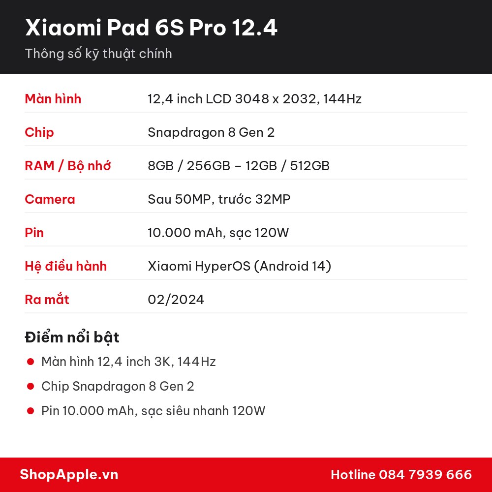 Thông số kỹ thuật Xiaomi Pad 6S Pro 12.4