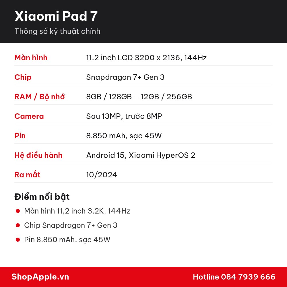 Thông số kỹ thuật Xiaomi Pad 7