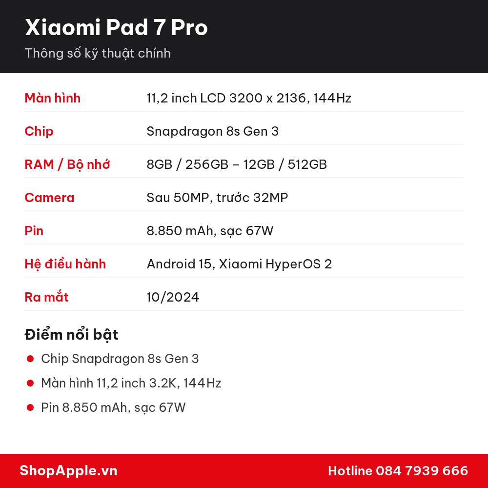 Thông số kỹ thuật Xiaomi Pad 7 Pro