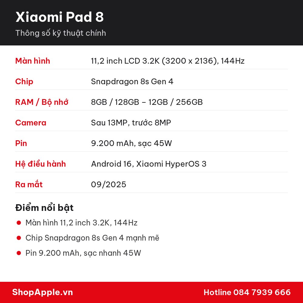 Thông số kỹ thuật Xiaomi Pad 8