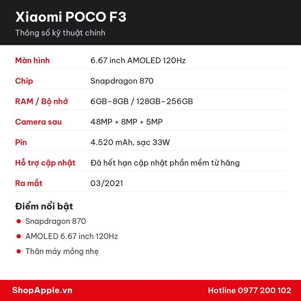 Thông số kỹ thuật Xiaomi POCO F3