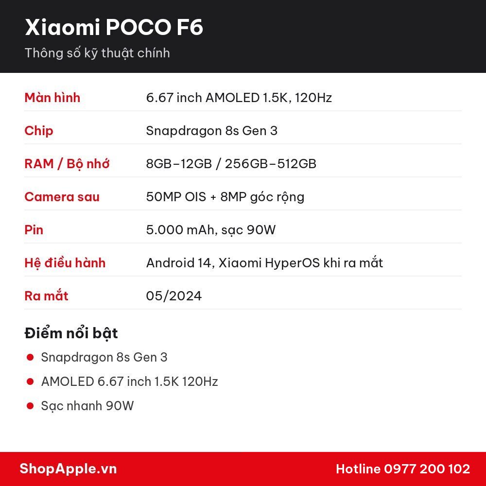 Thông số kỹ thuật Xiaomi POCO F6