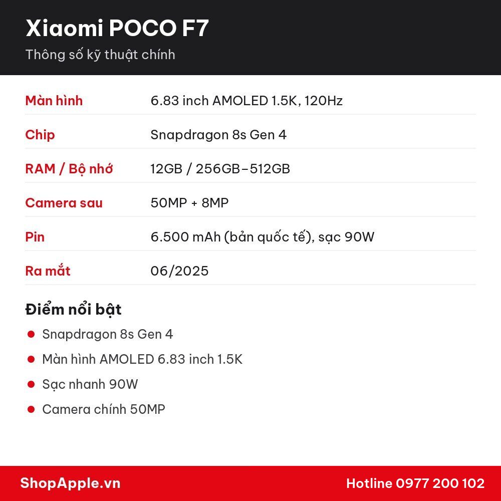 Thông số kỹ thuật Xiaomi POCO F7