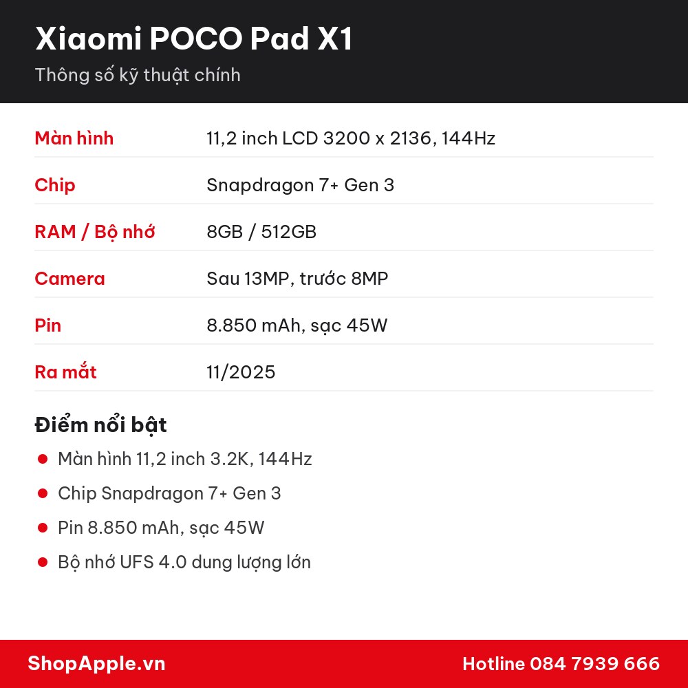 Thông số kỹ thuật Xiaomi POCO Pad X1