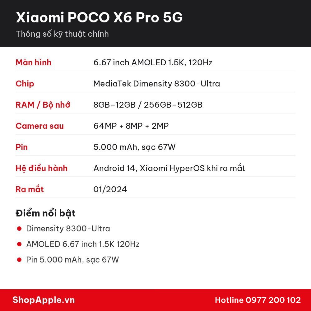 Thông số kỹ thuật Xiaomi POCO X6 Pro 5G