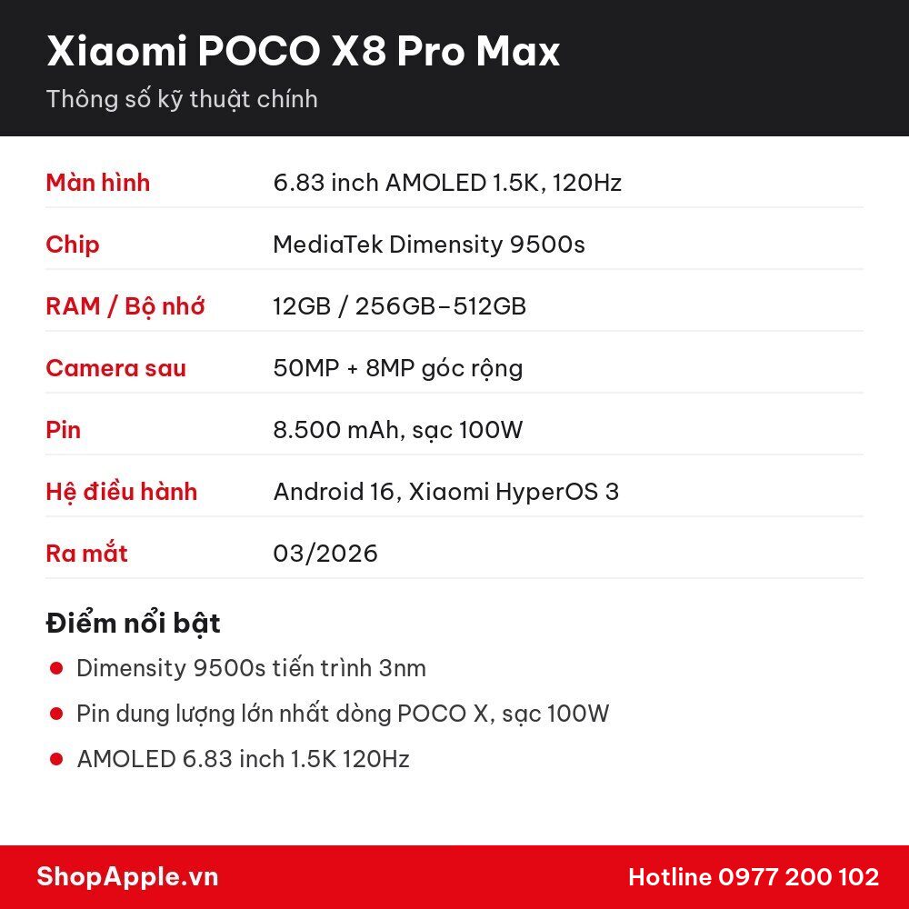 Thông số kỹ thuật Xiaomi POCO X8 Pro Max
