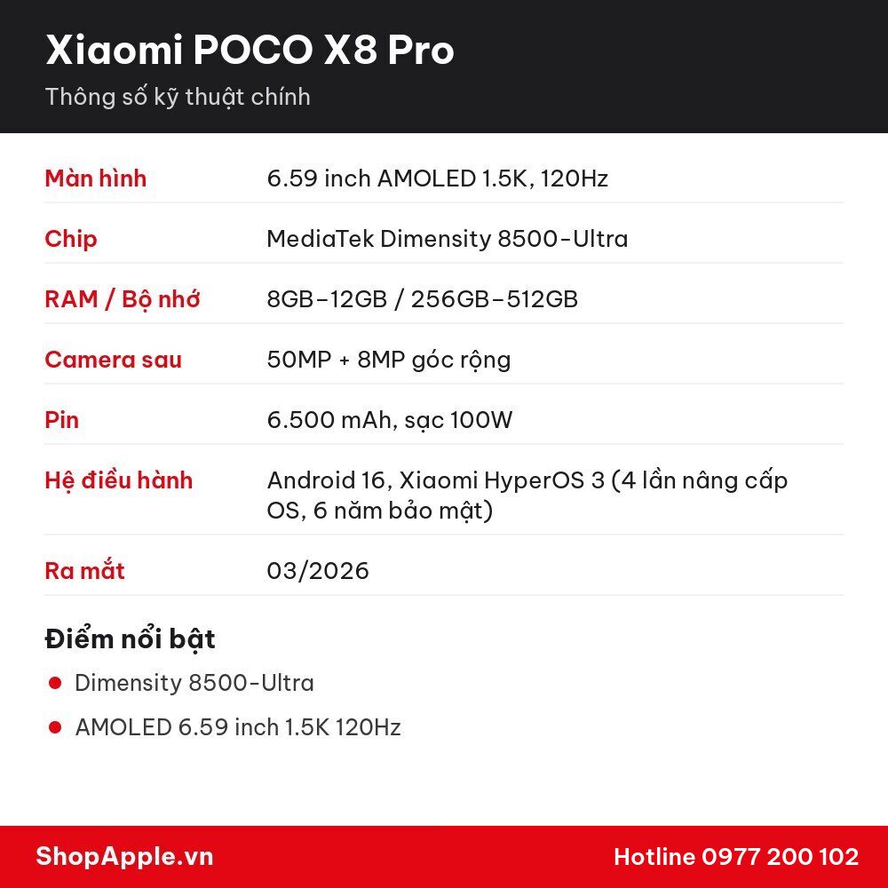 Thông số kỹ thuật Xiaomi POCO X8 Pro