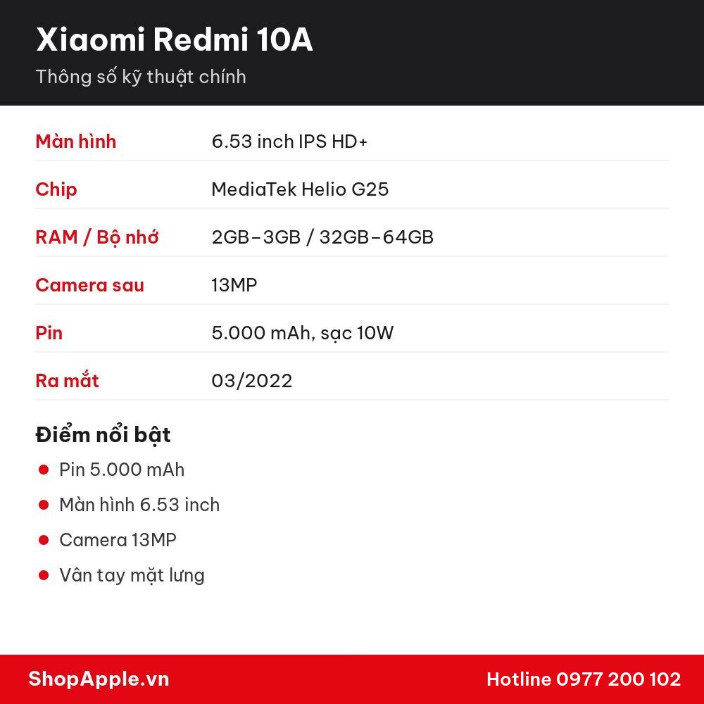 Thông số kỹ thuật Xiaomi Redmi 10A