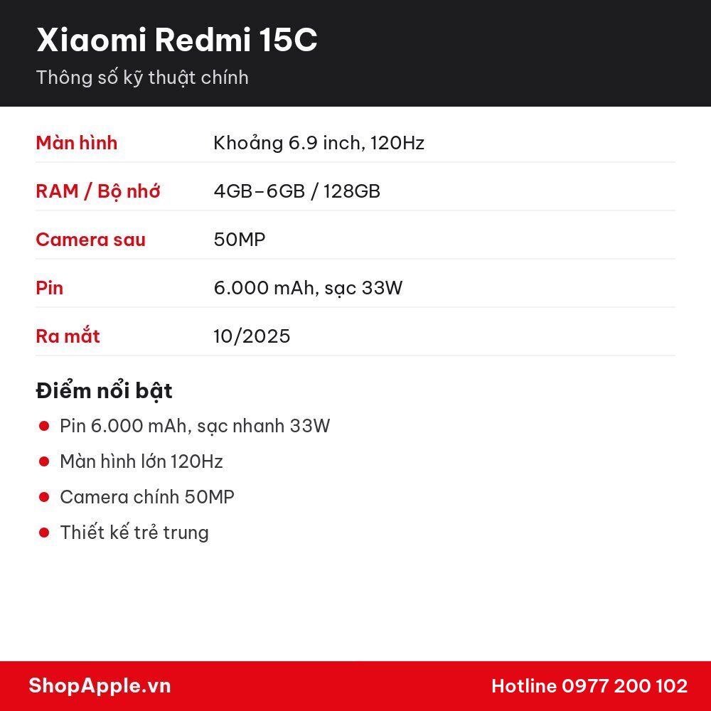 Thông số kỹ thuật Xiaomi Redmi 15C