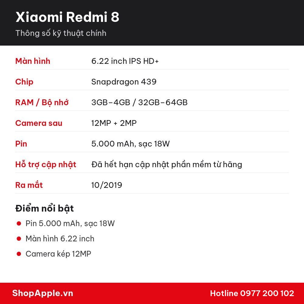 Thông số kỹ thuật Xiaomi Redmi 8
