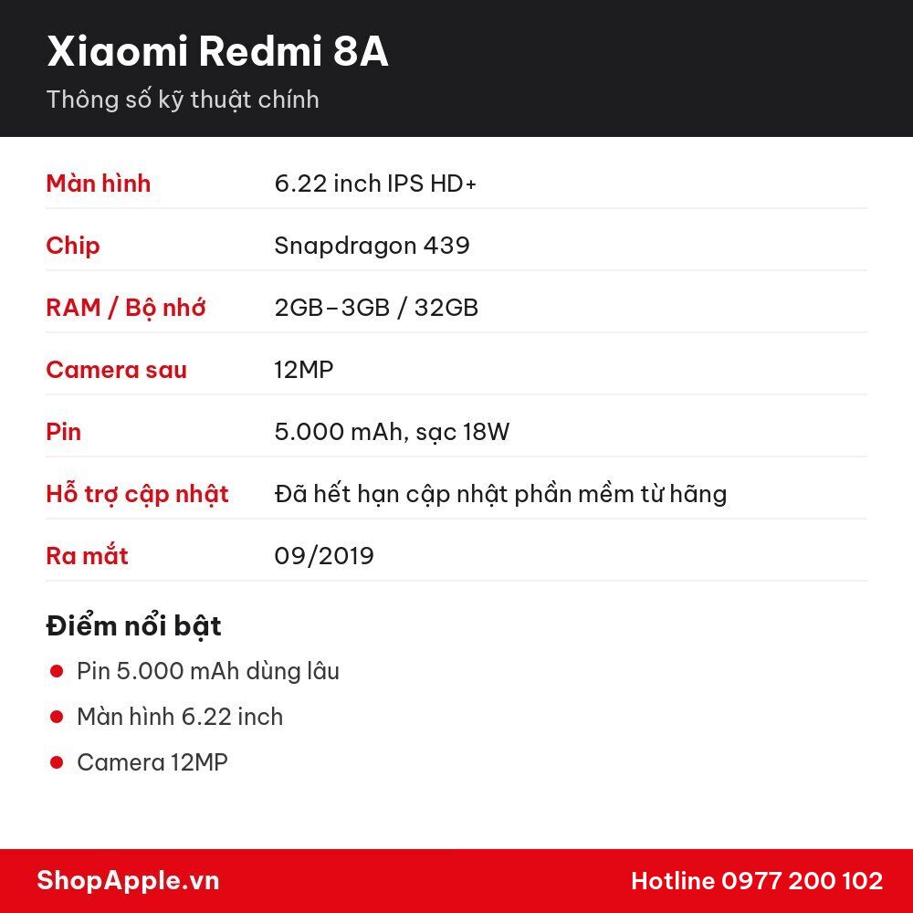 Thông số kỹ thuật Xiaomi Redmi 8A