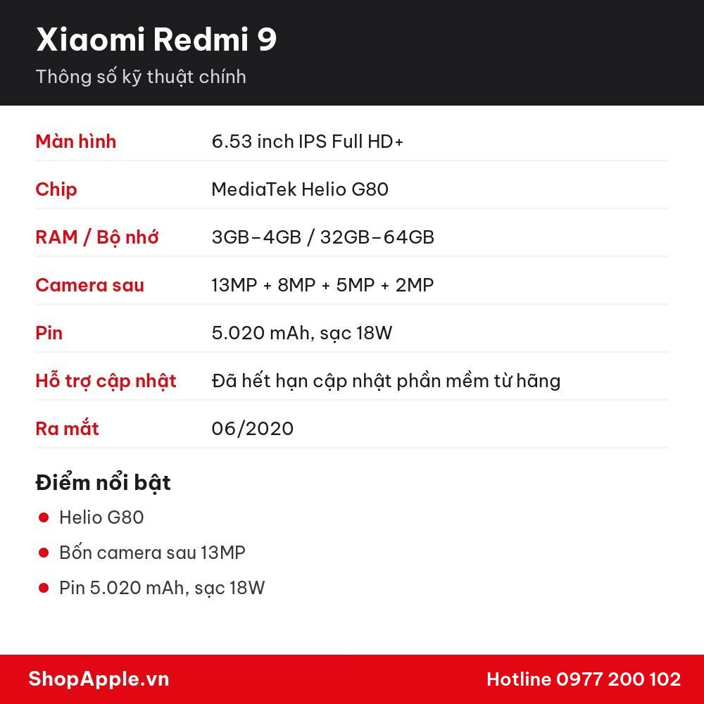 Thông số kỹ thuật Xiaomi Redmi 9