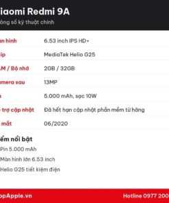 Thông số kỹ thuật Xiaomi Redmi 9A