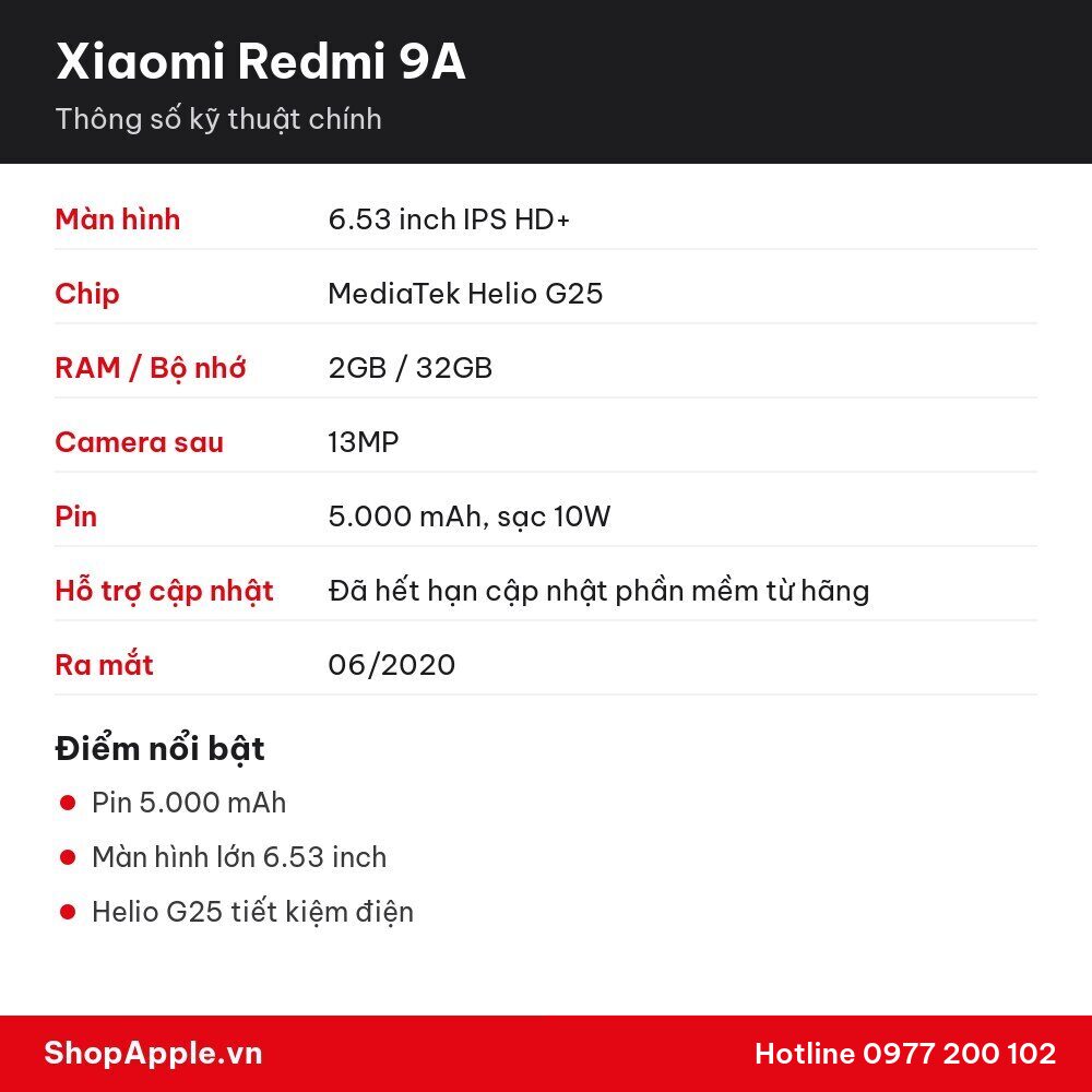 Thông số kỹ thuật Xiaomi Redmi 9A