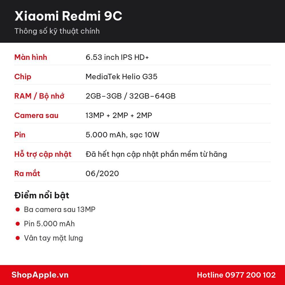 Thông số kỹ thuật Xiaomi Redmi 9C